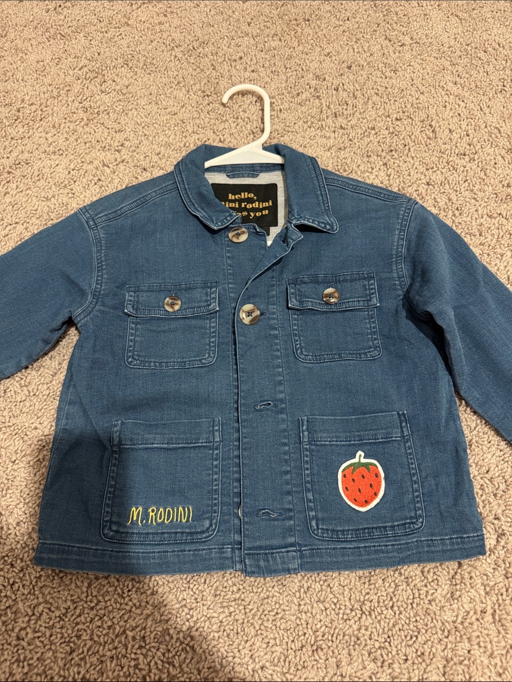Mini Rodini Blue Denim Jacket with Strawberry Patch